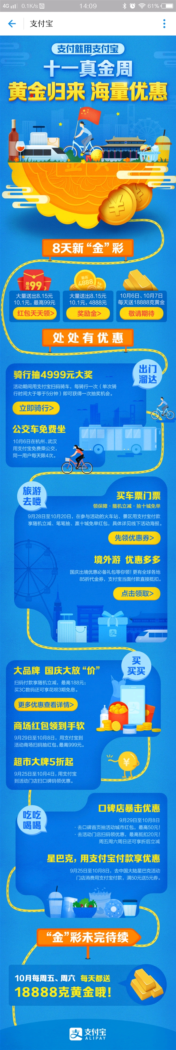 支付宝十一假期红包攻略：奖励金升级 抢18888g黄金