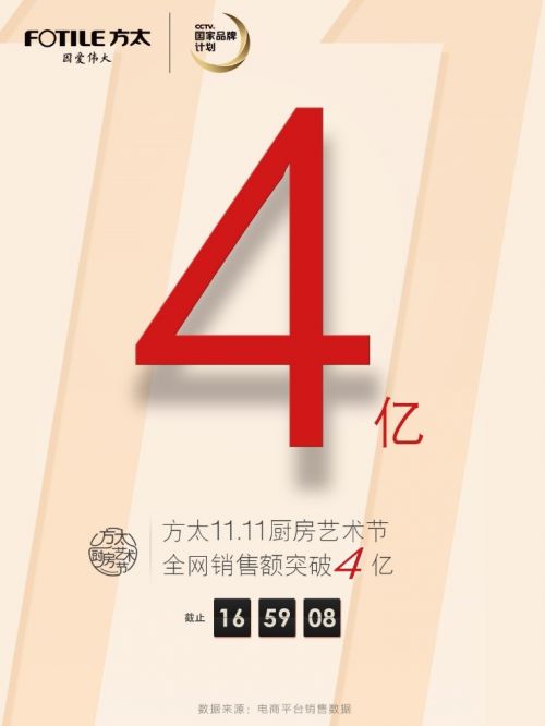 【方太】方太双十一全网破4亿 持续领跑厨电消费升级