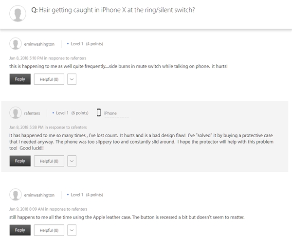 给跪！用户吐槽iPhone X接缝/静音键夹头发、卡胡子