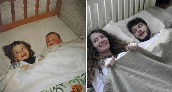 姐弟俩为庆祝父母珍珠婚重拍童年旧照&nbsp;画面太有爱