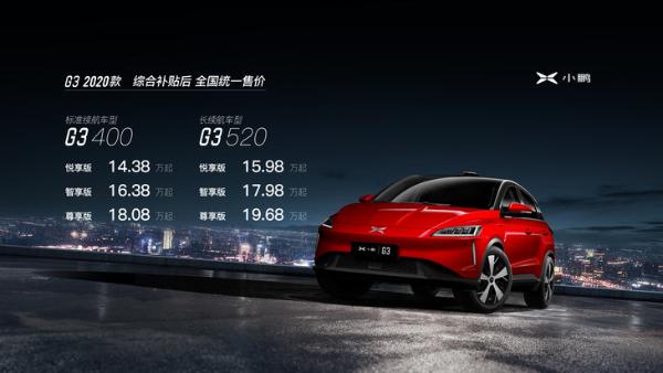 2020款小鹏G3售14.38万起 安全配置大幅升级/最大续航520km