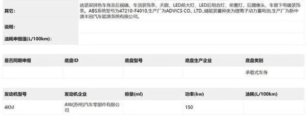 一汽丰田奕泽电动版申报图曝光 搭载150kW功率电机，预计将于明年上市
