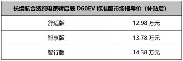 启辰D60 EV新车型上市 售12.98万元起 最大续航485km