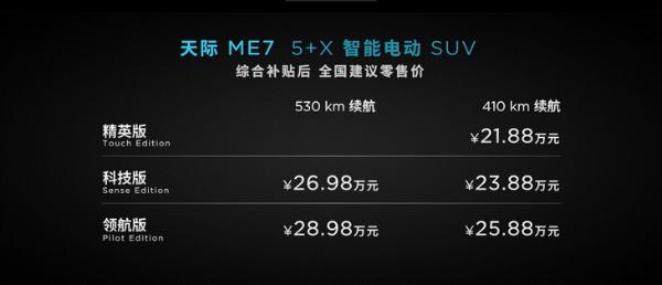 天际ME7正式上市 补贴后售价21.88-28.98万元