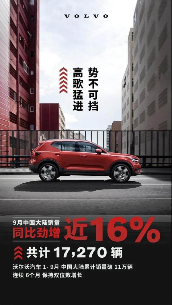 沃尔沃汽车9月销量劲增近16% 累计超过1.7万辆