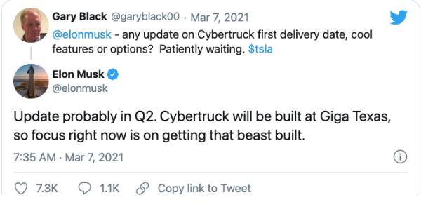 马斯克：特斯拉可能在第二季度发布Cybertruck更新