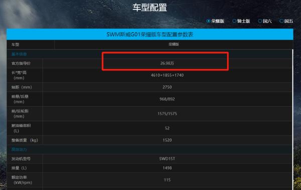 斯威G01新增荣耀版车型 售价26.98万元