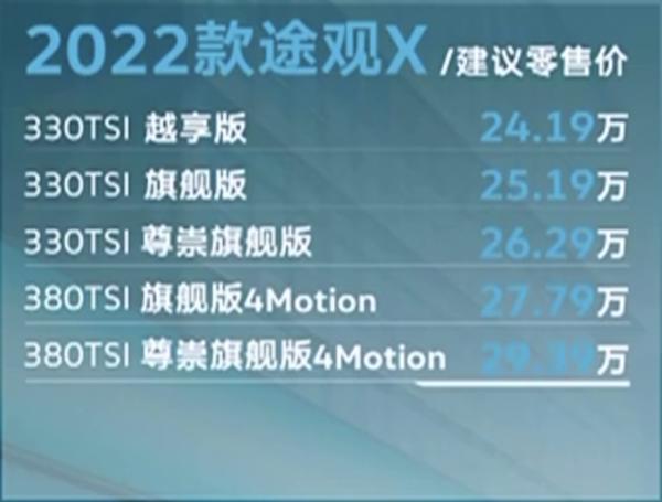 2022款途观X正式上市 售价区间为24.19-29.39万元