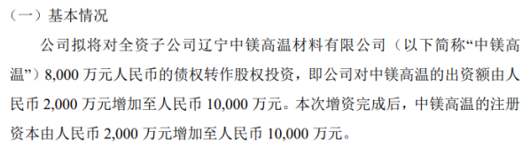 中镁控股拟对全资子公司增资8000万元