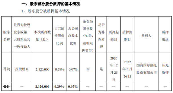 搜于特控股股东马鸿质押212万股 用于补充质押