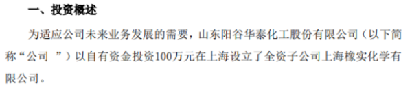 阳谷华泰投资成立全资子公司注册资本100万元
