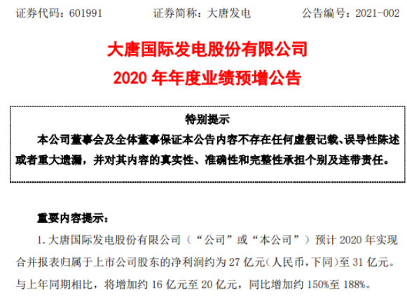 大唐发电2020年预计净利27亿-31亿增加约150%-188% 发电量同比上升