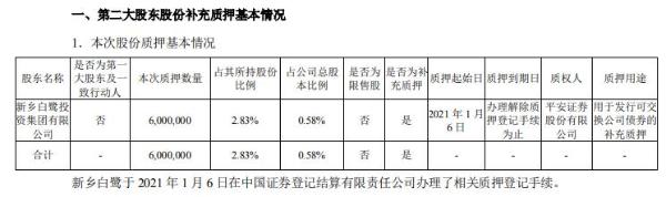 双鹭药业第二大股东新乡白鹭质押600万股 用于发行可交换公司债券补充质押