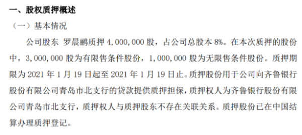 青鸟软通股东罗晨鹂质押400万股 用于公司向齐鲁银行的贷款提供质押担保