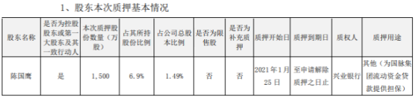 国脉科技控股股东陈国鹰质押1500万股 用于为贷款提供担保