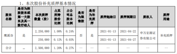 中嘉博创控股股东鹰溪谷合计质押250万股 用于补充质押