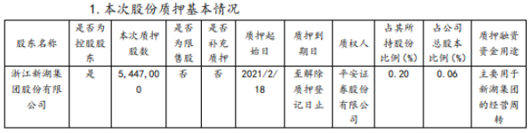 新湖中宝控股股东新湖集团质押544.7万股 用于经营周转