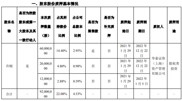 龙蟒佰利控股股东许刚质押9200万股 用于股权类投资
