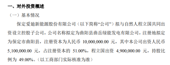 爱廸新能拟出资510万元对外投资设立控股子公司