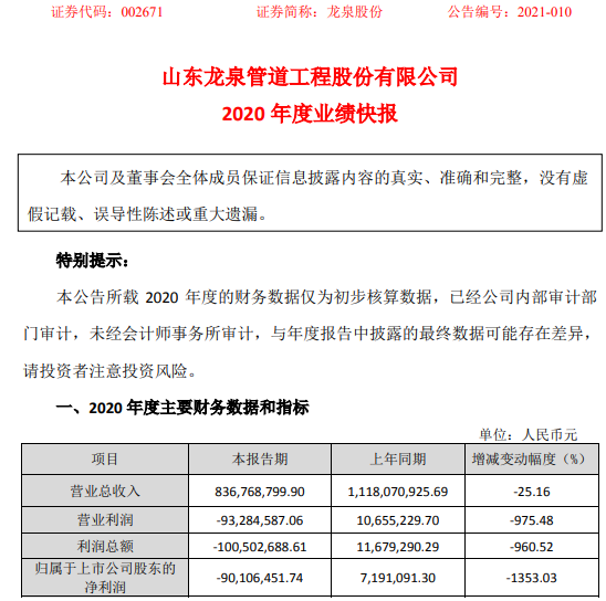 龙泉股份2020年度亏损9010.65万由盈转亏 本期执行订单明显减少