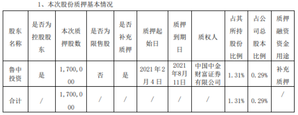 山东药玻控股股东鲁中投资质押170万股 用于补充质押