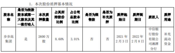 步步高控股股东步步高集团质押2600万股 用于补充流动资金