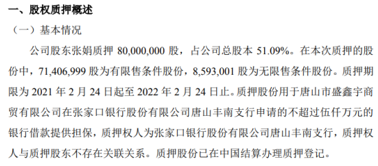 唐鸿重工股东张娟质押8000万股 用于为银行借款提供担保