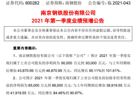 南钢股份2021年一季度净利预计增长95%-102% 产品价格上升