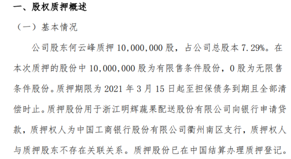 明辉股份股东何云峰质押1000万股 用于向银行申请贷款