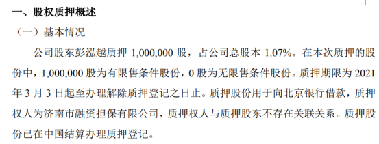 乾元泽孚股东彭泓越质押100万股 用于向北京银行借款