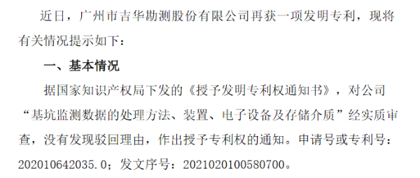 吉华勘测获得一项发明专利 预计2020年净利1800万元-2200万元