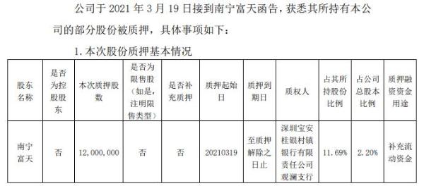 南宁百货股东南宁富天质押1200万股 用于补充流动资金
