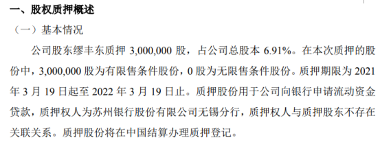 美安医药股东缪丰东质押300万股 用于公司向银行申请流动资金贷款