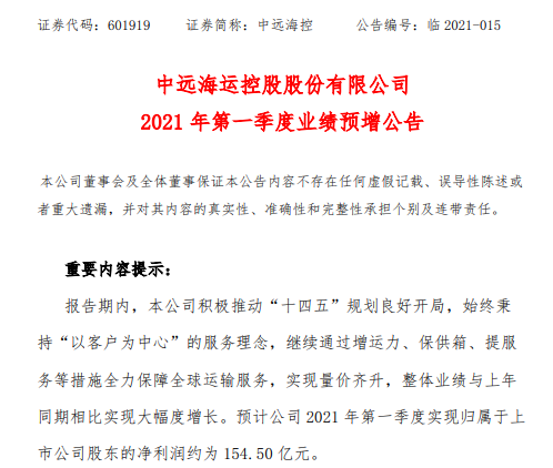 中远海控2021年第一季度预计净利154.5亿元 集装箱航运市场持续向好