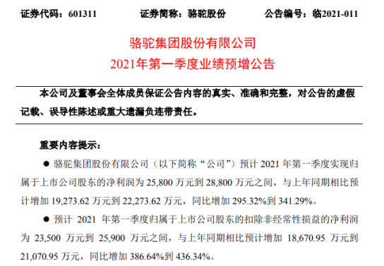 骆驼股份2021年第一季度预计净利增加295%-341% 单季度销量增长