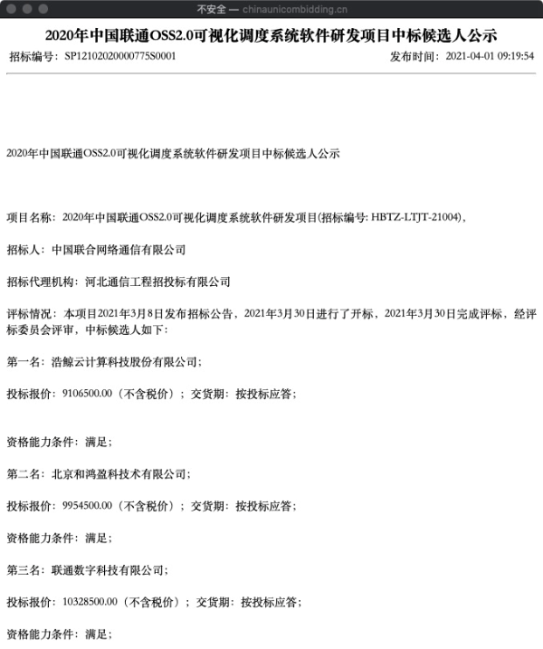 三企业入围联通OSS2.0可视化调度系统软件研发项目