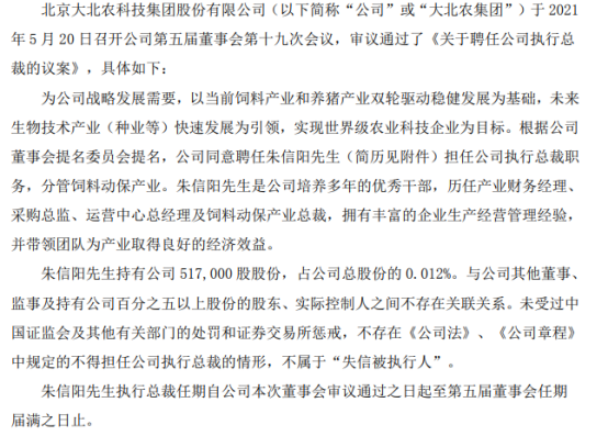 大北农聘任朱信阳担任公司执行总裁 持有公司51.7万股股份