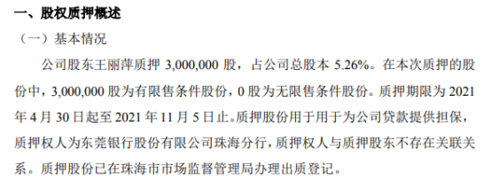 和氏技术股东王丽萍质押300万股 用于为公司贷款提供担保