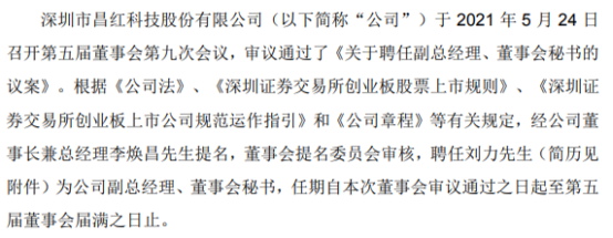昌红科技聘任刘力为公司副总经理、董事会秘书