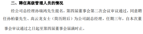 欣贺股份聘任孙柏豪、高云龙为公司副总经理