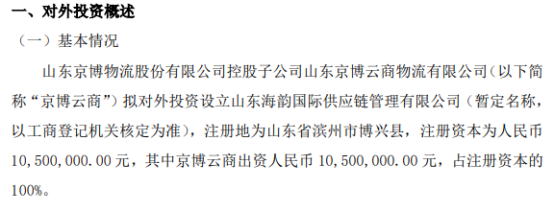 京博物流控股子公司拟对外投资1050万元设立山东海韵国际供应链管理有限公司