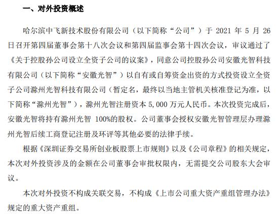 中飞股份控股孙公司投资5000万元设立全资子公司