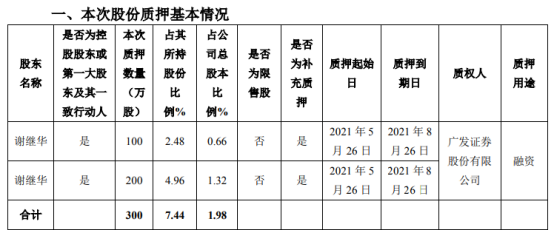 延江股份控股股东谢继华质押300万股 用于融资
