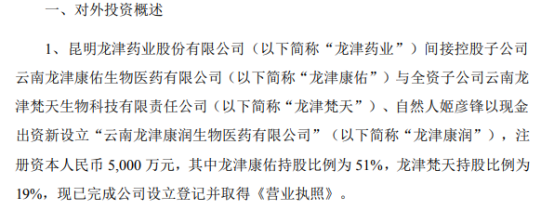 龙津药业间接控股子公司拟出资2550万元设立云南龙津康润生物医药有限公司 持股比例为51%
