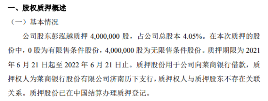 乾元泽孚股东彭泓越质押400万股 用于公司向莱商银行借款