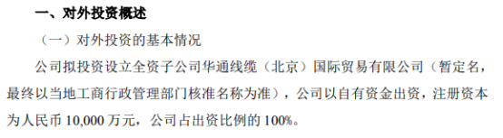 华通线缆拟投资1亿元设立全资子公司华通线缆（北京）国际贸易有限公司