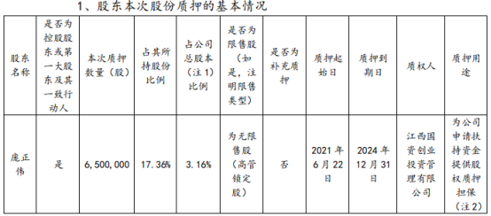 同和药业控股股东庞正伟质押650万股 用于为公司申请扶持资金提供股权质押担保