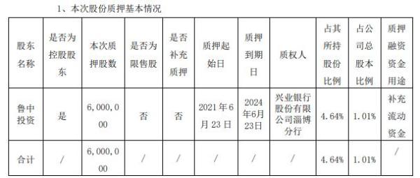 山东药玻控股股东鲁中投资质押600万股 用于补充流动资金