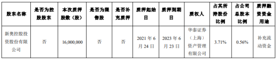 新奥股份股东新奥控股质押1600万股 用于补充流动资金
