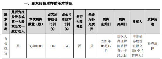 万润股份股东鲁银投资质押390万股 用于补充质押